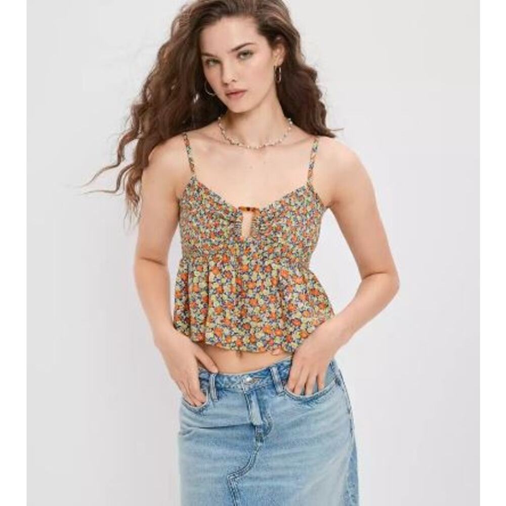 American Eagle Ring Front Floral Crop Tank Top Womens Size XS Babydoll Festival